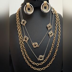 #64. Two Long Vintage Necklaces In Gold N Silver With Two Tone NHW Vintage Earri